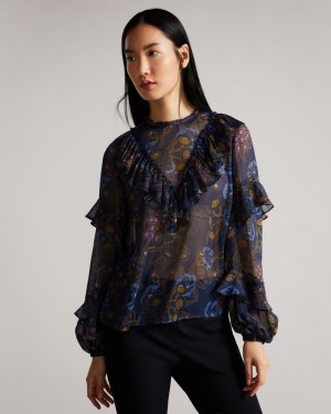 Ted Baker Jovena Printed Waterfall Ruffle Kadın Üstler Lacivert | FTLP-18970