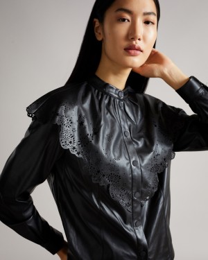 Ted Baker Maisson Perforated Pleather With Collar Kadın Üstler Siyah | OCQH-46923