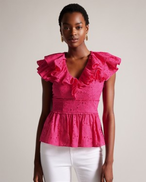 Ted Baker Mazieh Broderie Peplum Kadın Üstler Açık Pembe | JQVG-29034