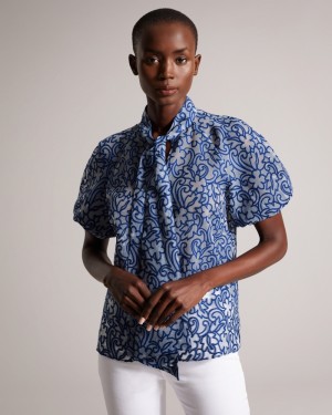 Ted Baker Melodiy Jacquard Paisley Puff Sleeve Kadın Üstler Açık Mavi | ALZV-08713