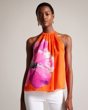 Ted Baker Milenaa Pleated Floral Halter Neck Kadın Üstler Açık Turuncu | ODKT-21874