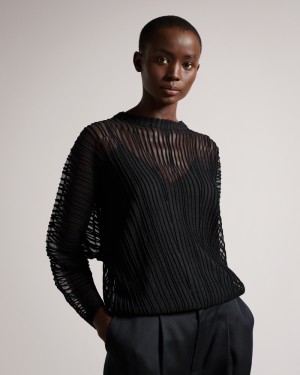 Ted Baker Nellay Sheer Striped Knit Kadın Süveter Siyah | CENS-56082