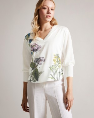 Ted Baker Raili Woven Front V Neck Sweater Kadın Süveter Beyaz | IRUD-16753