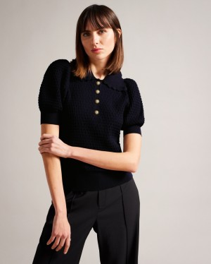 Ted Baker Reannia Polo Knit With Embellished Buttons Kadın Üstler Koyu Mavi | WLXO-90384