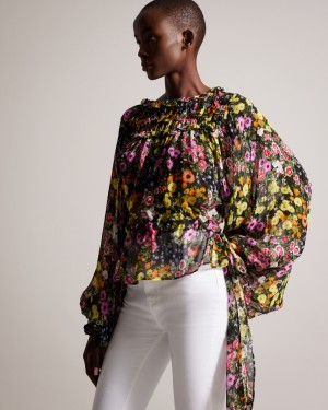 Ted Baker Saskiha Floral With Waist Kadın Üstler Siyah | HGPY-27016