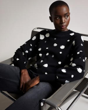 Ted Baker Ssaskia Knitted Jacquard Curved Hem Sweater Kadın Süveter Siyah | ZQVK-92513