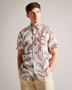 Ted Baker Tagus Short Sleeve Leaf Print Linen Erkek Gömlek Koyu Turuncu | QUDN-84179