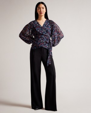 Ted Baker Tariaa Smocked Wrap With Blouson Sleeve Kadın Üstler Lacivert | TOFL-35970